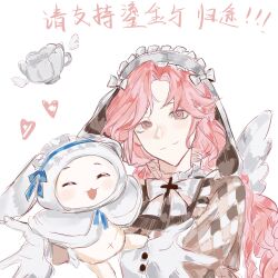  1girl ^_^ absurdres angel_wings animal animal_ear_hairband animal_ear_hood animal_ears apron argyle_clothes argyle_dress blue_bow blue_hairband blue_ribbon bow bowtie brooch brown_dress brown_eyes brown_shirt cat chinese_commentary chinese_text cloak closed_eyes closed_mouth clothed_animal collared_shirt commentary_request cup dress fake_animal_ears fake_wings four-pointed_star frilled_apron frilled_hairband frilled_shirt_collar frilled_sleeves frills fur-trimmed_cloak fur_trim gloves grey_bow grey_hairband grey_wings hair_bow hairband happy heart high_collar highres hood hood_up hooded_cloak infinity_nikki jewelry light_blush lolita_hairband long_hair looking_at_viewer lop_rabbit_ears low_twintails momo_(nikki) navel neck_ribbon nikki_(nikki) nikki_(series) official_alternate_costume open_mouth parted_bangs pink_hair puffy_short_sleeves puffy_sleeves rabbit_ears ribbon shirt shirt_under_dress short_sleeves simple_background smile star_brooch teacup translation_request twintails upper_body very_long_hair vii_(lofter_5162110231) wavy_hair white_apron white_background white_bow white_bowtie white_cat white_cloak white_gloves wings 