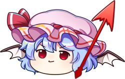  1girl bat_wings blue_hair closed_mouth game_cg hat hat_ribbon looking_at_viewer mob_cap official_art pink_hat red_eyes remilia_scarlet ribbon rotte_(1109) solo spear_the_gungnir third-party_source touhou touhou_lostword transparent_background wings yukkuri_shiteitte_ne 