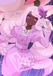  1girl ascot blue_eyes blue_sclera blush blush_stickers clefable closed_mouth colored_sclera colored_skin dark-skinned_female dark_skin dress fairy fairy_wings fascinator frilled_ascot frills gloves hair_ornament jacinthe_(pokemon) juliet_sleeves long_hair long_sleeves looking_at_viewer low_drills mega_clefable mega_pokemon mizuiro123 multicolored_wings open_mouth pink_skin pokemon pokemon_(creature) pokemon_legends:_z-a puffy_sleeves purple_dress purple_hair smile very_dark_skin violet_eyes white_gloves wings 