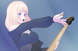  1girl atama_(abmbbmsbcg) bang_dream! bang_dream!_it&#039;s_mygo!!!!! black_dress blonde_hair blue_background blush breasts brooch clothing_cutout commentary corset doloris_(bang_dream!) dress grey_corset highres holding holding_plectrum jewelry medium_breasts medium_hair misumi_uika open_mouth plectrum shoulder_cutout solo teeth upper_body upper_teeth_only violet_eyes 