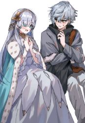  1boy 1girl anastasia_(fate) black_shirt blue_cape blue_eyes blush cape dress earrings fate/grand_order fate_(series) feet_out_of_frame fur-trimmed_cape fur-trimmed_jacket fur_trim gold_hairband grey_hair grey_jacket hair_between_eyes hair_ornament hair_over_one_eye hairband hand_on_own_arm hand_up high_collar highres jacket jewelry kadoc_zemlupus leaf_hair_ornament long_hair long_sleeves looking_at_another neck_ring open_mouth own_hands_together pants shirt short_hair side-by-side simple_background sitting smile sweat syst098 white_background white_dress white_hair white_pants yellow_eyes 