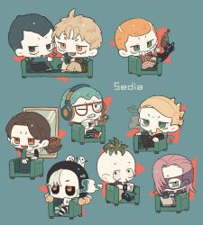  6+boys :3 black_cat black_hair black_hood black_jacket black_nails black_pants black_sclera blindfold blonde_hair blue_background blue_hair blue_shirt bottle brown_eyes brown_hair cat chair chibi chibi_only cigarette closed_mouth colored_blindfold colored_sclera computer cosmetics crossed_legs cup curtained_hair digital_media_player drinking drinking_straw fang formaggio full_body gelato_(jojo) ghiaccio glasses green_eyes green_hair grin hair_over_one_eye headphones holding holding_cup illuso italian_text jacket jojo_no_kimyou_na_bouken laptop long_sleeves looking_at_viewer male_focus melone metallica_(stand) mirror multiple_boys nail_polish nail_polish_bottle one_eye_closed open_clothes open_jacket open_mouth orange_hair pants pesci pink_hair prosciutto_(jojo) quad_tails red-framed_eyewear red_eyes red_jacket red_shoes risotto_nero shinoru_all shirt shoes short_hair simple_background sitting smile smoking sorbet_(jojo) striped_clothes striped_pants through_medium through_mirror translation_request vento_aureo very_short_hair white_hair widow&#039;s_peak 