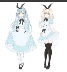  2girls alice&#039;s_adventures_in_wonderland alice_(alice_in_wonderland) alice_(alice_in_wonderland)_(cosplay) alternate_costume animal_ear_hairband animal_ears apron bang_dream! bang_dream!_it&#039;s_mygo!!!!! belt belt_pouch black_bow black_hairband black_ribbon black_shoes black_thighhighs blonde_hair blue_dress blue_hair bow braid breasts brooch buttons closed_mouth contrapposto cosplay curly_sidelocks double-breasted dress earrings fake_animal_ears flat_cap frilled_apron frilled_dress frills full_body gloves hair_ornament hair_ribbon hairband hairclip hand_up hat heel_up high-ended_braid high-low_dress jewelry juliet_sleeves large_breasts long_dress long_hair long_sidelocks long_sleeves looking_at_viewer mary_janes misumi_uika multiple_girls neck_ribbon pantyhose pigeon-toed pocket pocket_watch pouch puffy_short_sleeves puffy_sleeves rabbit_ear_hairband rabbit_ears ribbon shoes short_dress short_hair short_sleeves sidelocks simple_background skirt_hold smile split_mouth standing swept_bangs thigh-highs togawa_sakiko two_side_up underbust very_long_hair violet_eyes waist_bow watch white_apron white_background white_belt white_gloves white_pantyhose wing_collar yellow_eyes yoromimi_yu zettai_ryouiki 