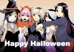  5girls animal_ear_hood arm_around_shoulder black_dress black_hair black_hat black_jacket black_nails blonde_hair blue_eyes bolt_(hardware) breasts choker claw_pose closed_mouth coat commentary_request cosplay dress fangs frankenstein's_monster frankenstein's_monster_(cosplay) green_eyes hair_over_one_eye halftone halftone_background halloween happy_halloween hat highres hongou_miyuki hood hood_up hug hug_from_behind jacket kitahara_aoba kusunoki_aroma long_hair looking_at_viewer medium_breasts medium_hair multiple_girls mummy_costume neck_ribbon onesie open_clothes open_jacket open_mouth orange_nails pink_eyes pink_hair popped_collar ribbon sawaranaide_kotesashi-kun sayamagaoka_chiyo sharp_teeth shinjou_takuya shirt short_hair smile split_mouth stitched_face stitches striped_clothes striped_shirt sumiyoshi_izumi swept_bangs teeth upper_body vampire_costume witch_hat 