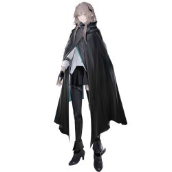  1girl arknights asymmetrical_legwear black_cloak black_gloves black_pantyhose black_skirt black_thighhighs brown_eyes brown_hair chuzenji cloak closed_mouth demon_horns fingerless_gloves full_body gloves horns long_hair long_sleeves official_art pantyhose pleated_skirt rosella_(arknights) simple_background single_leg_pantyhose single_thighhigh skirt solo standing tachi-e thigh-highs third-party_source transparent_background uneven_legwear 