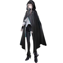  1girl arknights asymmetrical_legwear black_cloak black_gloves black_pantyhose black_skirt black_thighhighs brown_eyes brown_hair chuzenji cloak closed_mouth fingerless_gloves full_body gloves hood hood_up hooded_cloak long_hair long_sleeves official_art pantyhose pleated_skirt rosella_(arknights) simple_background single_leg_pantyhose single_thighhigh skirt solo standing tachi-e thigh-highs third-party_source transparent_background uneven_legwear 
