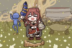  1girl 3others animal_ears armor bing_huyue boots brown_tail commentary crossed_arms dog_ears dog_girl double_blade elden_ring english_commentary helmet highres hololive inugami_korone jewelry katana leather leather_boots leather_bra let_me_solo_her living_jar_(elden_ring) malenia_blade_of_miquella multiple_others necklace ring simple_background skirt spirit sword tarnished_(elden_ring) thumbs_up weapon yubi_yubi_(inugami_korone) 