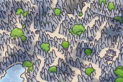  1girl 1other bing_huyue closed_eyes commentary english_commentary forest gem gem_hair_ornament hand_jewel highres hole hololive hololive_english isometric koseki_bijou lake limestone lying madagascar nature pebble_(koseki_bijou) purple_gemstone tree virtual_youtuber 