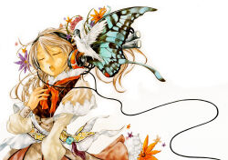  1girl bee_cosine bird blue_wings brown_dress butterfly_wings closed_eyes commentary_request dove dress floating_hair flower grey_hair headphones highres insect_wings long_hair long_sleeves neckerchief open_mouth orange_flower orange_neckerchief original photoshop_(medium) simple_background solo traditional_media upper_body watercolor_pencil_(medium) white_background wings 