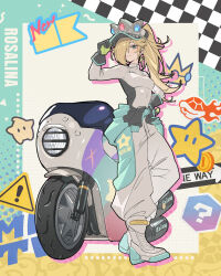  +_+ 1girl ? aqua_background asymmetrical_bangs baggy_pants biker_clothes black_gloves black_hat blonde_hair blue_eyes blue_jacket boots breasts character_name closed_mouth clothes_around_waist crown daniel_deng drop_shadow eyelashes full_body gloves grey_boots grey_pants grey_shirt hair_over_one_eye halftone hand_on_headwear happy hat highres jacket jacket_around_waist long_bangs long_hair long_sleeves looking_at_viewer luma_(mario) mario_kart mario_kart_world medium_breasts motor_vehicle motorcycle official_alternate_costume pants ponytail rosalina rosalina_(pro_racer) shell shirt sign smile solo star_(symbol) star_print super_mario_bros. turtleneck turtleneck_shirt two-tone_background visor_cap warning_sign yellow_background 