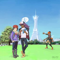  3boys alternate_costume baseball_cap black_hair black_jacket blue_sky boots calem_(pokemon) clear_sky closed_mouth commentary dark-skinned_male dark_skin day eye_contact go-lurk grass hat headband highres hoodie_around_waist jacket jacket_on_shoulders leon_(pokemon) long_hair long_sleeves looking_at_another lumiose_city male_focus multiple_boys orange_headband outdoors pants pokemon pokemon_swsh purple_hair purple_jacket raihan_(pokemon) red_hat scarf shoes short_hair signature sky standing tree 