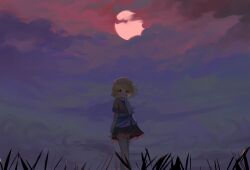  1girl blonde_hair commentary_request dokomon green_eyes highres korean_commentary mizuhashi_parsee moon scarf short_hair skirt sky solo standing subterranean_animism touhou wide_shot 