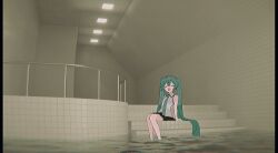  1girl 3d_background :d =_= absurdly_long_hair aqua_hair aqua_necktie backrooms_(creepypasta) black_skirt ceiling ceiling_light dream_pool grey_shirt hatsune_miku highres indoors jaggy_lines long_hair necktie pleated_skirt pool railing shirt sitting skirt sleeveless sleeveless_shirt smile solo stairs tile_ceiling tile_floor tile_wall tiles twintails very_long_hair vocaloid wading wing_collar yukia_1128 