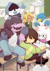  1other 2025 2d 2girls 3boys ambiguous_gender animal_ears anthro antlers artist_name barefoot berdly_(deltarune) bird bird_boy blackboard blonde_hair blue_feathers blue_pants blue_shirt blue_tongue brown_fur brown_hair brown_pants chair classroom colored_sclera colored_tongue creature deer deer_ears deer_girl deltarune desk digital_media droopy_ears fangs female female_only floor floppy_ears furry furry_male glasses goat goat_boy goat_ears green_robe green_shirt hair_over_eyes highres horizontal-striped_clothes horns human indoors jacket kris_(deltarune) lancer_(deltarune) lizard lizard_girl long_hair male mammal monster monster_girl multiple_boys multiple_girls noelle_holiday notebook on_chair on_desk pants paper paper_plane pink_horns pink_scarf purple_hair purple_jacket purple_skin ralsei reindeer reindeer_girl reptile reptile_girl robe round_eyewear scalie scarf sharp_teeth shirt short_hair sitting skirt slit_pupils spade_(shape) striped_clothes striped_shirt susie_(deltarune) teeth tongue tongue_out two-tone_shirt unyomoke utdr_(toby_fox) white_fur white_shirt white_stripes wings wooden_floor yellow_sclera yellow_stripes yellow_teeth 