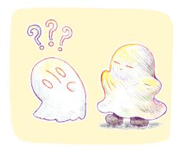 0_0 2017 2d 2others =_= ? ??? boots border brown_boots digital_media duo frisk_(undertale) ghost ghost_costume multiple_others napstablook nnbadbear other_focus simple_background two-tone_background undertale utdr_(toby_fox) white_background white_border yellow_background 