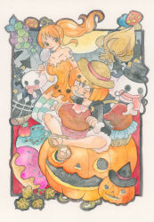  1boy 1girl absurdres bare_shoulders black_hair black_jacket boned_meat border breasts candy closed_eyes collarbone commentary_request doughnut dress eating food fruit full_body ghost grapes halloween halloween_costume hat high_ponytail highres holding holding_candy holding_food jacket large_breasts leaf long_hair meat monkey_d._luffy mushroom nami_(one_piece) official_alternate_costume one_piece orange_dress orange_hair ponytail pumpkin pumpkin_costume pumpkin_hat sandals shoulder_tattoo sitting strapless strapless_dress straw_hat striped_clothes striped_thighhighs tattoo thigh-highs tongue tongue_out traditional_media unworn_hat unworn_headwear witch_hat yachiy0 
