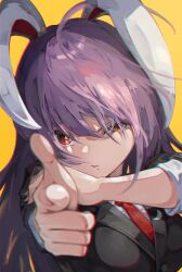  1girl ahoge aiming animal_ears black_jacket blurry blurry_foreground chromatic_aberration collared_shirt commentary_request depth_of_field eyebrows_hidden_by_hair fighting_stance finger_gun floppy_ears foreshortening hair_between_eyes hand_on_own_arm hands_up highres jacket long_hair long_sleeves looking_at_viewer necktie parted_lips pointing pointing_at_viewer pulling_another&#039;s_clothes purple_hair rabbit_ears rabbit_girl red_eyes red_necktie reisen_udongein_inaba sashimi_oniku shirt simple_background solo touhou upper_body v-shaped_eyebrows white_shirt yellow_background 