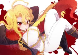  ahoge arms_up black_boots black_jacket blonde_hair blush boots breasts closed_mouth don_quixote_(project_moon) dutch_angle feather_boa floating_hair full_body highres jacket la_manchaland_(identity)_(project_moon) large_breasts legs_up limbus_company long_hair looking_at_viewer pants pmchell_04 project_moon red_eyes sancho_(project_moon) simple_background slit_pupils wavy_hair white_background white_pants 