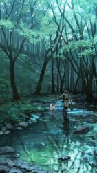  1girl absurdres animal arm_at_side backpack bag banken boots brown_boots closed_eyes coat commentary_request cool_colored day dog forest grey_coat grey_pants highres holding holding_sack holding_stick long_sleeves nature open_mouth original outdoors painterly pants pet raincoat reflection reflective_water rock sack scenery slice_of_life smile solo stick stream tree walking wide_shot 