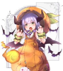  1girl bat_(animal) commission fireball green_eyes halloween halloween_costume kuro_ula long_hair looking_at_viewer magic open_mouth paw_pose pumpkin_costume pumpkin_hat relia_(star_ocean) skeb_commission solo star_ocean star_ocean:_anamnesis star_ocean:_integrity_and_faithlessness 