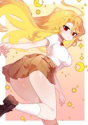  absurdres ahoge blonde_hair blush breasts brown_shoes brown_skirt cowboy_shot don_quixote_(project_moon) dutch_angle floating_hair from_behind from_below gradient_background highres kneehighs large_breasts long_hair looking_at_viewer looking_back miniskirt neck_ribbon outside_border pmchell_04 red_ribbon ribbon running sancho_(project_moon) shiny_skin shirt shoes simple_background skirt socks wavy_hair white_shirt white_socks zettai_ryouiki 