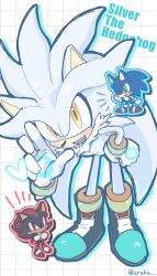  animal_ears animal_nose blue_fur full_body furry furry_male gloves hedgehog_boy highres looking_at_viewer male_focus multiple_boys open_mouth red_fur shadow_the_hedgehog shoes short_tail silver_the_hedgehog smile sonic_(series) sonic_the_hedgehog standing tail uruku white_gloves 