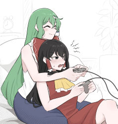  2girls annoyed ascot bare_shoulders black_eyes black_hair blue_skirt blush bow closed_mouth commentary controller frog_hair_ornament game_controller green_hair hair_ornament hair_tubes hakurei_reimu highres holding holding_controller holding_game_controller indoors kochiya_sanae long_hair mata_(matasoup) multiple_girls parted_lips playing_games red_bow red_shirt red_skirt shirt single_hair_tube sitting sitting_between_lap skirt sleeveless sleeveless_shirt smile touhou white_shirt yellow_ascot 