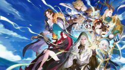  3boys 4girls :o absurdly_long_hair absurdres afk_(series) afk_journey ahoge amulet antlers armor belt belt_pouch beret black_dress black_hat black_shirt black_shorts blonde_hair blue_cloak blue_eyes blue_hat blue_sky blue_tunic blunt_ends braid breastplate brown_belt brown_cape brown_eyes brown_gloves brown_hair brown_shorts cape cassadee_(afk) cloak closed_mouth clouds collared_shirt commentary copyright_logo copyright_name day deer_antlers dress earrings eironn_(afk) english_commentary eyelashes eyeshadow facial_mark fay_(afk) fire forehead_mark full_armor fur-trimmed_cape fur_trim gauntlets gloves gold_necklace gold_trim green_eyes green_shoes half_up_braid hand_up hat high_heels highres holding holding_staff holding_sword holding_wand holding_weapon hood hood_up hooded_robe horns horse horseback_riding jewelry lips lipstick logo long_hair long_sleeves looking_at_viewer low_twintails mage_staff magic makeup merlin_(afk) mirael_(afk) mountainous_horizon multiple_boys multiple_girls necklace official_art open_mouth orange_hat outdoors outstretched_arm pants parted_bangs parted_hair parted_lips pauldrons pointy_ears pouch profile puffy_short_sleeves puffy_shorts puffy_sleeves purple_hair pyrokinesis red_hair red_lips riding robe scar scar_on_cheek scar_on_face serious shirt shoes short_hair short_shorts short_sleeves shorts shoulder_armor side_slit sideways_glance sky smile smirk staff sword temesia_(afk) tjulywoods tunic twintails valen_(afk) vambraces very_long_hair wand wavy_hair weapon white_hair white_pants white_robe white_shirt wide_sleeves witch_hat 