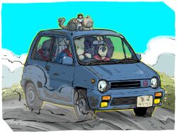  2boys blue_sky car cat commentary_request crowded daihatsu daihatsu_mira highres license_plate motor_vehicle multiple_boys original road side-view_mirror sky vehicle_focus yabarn 