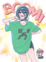 1boy 1girl black_choker black_shorts blue_hair chainsaw_man character_print choker creeper denji_(chainsaw_man) green_eyes green_shirt grenade_pin hair_between_eyes heart heart-shaped_eyes highres minecraft murangee reze_(chainsaw_man) shirt shorts tongue tongue_out 