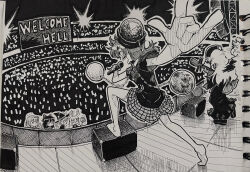  6+girls absurdres animal_ears barefoot bow chain closed_mouth commentary_request dalachi_(headdress) earth_(ornament) english_commentary english_text frog_hair_ornament glowstick hair_bow hair_ornament hair_tubes hakurei_reimu hat hat_bow hecatia_lapislazuli highres holding holding_glowstick holding_instrument holding_microphone instrument instrument_request junko_(touhou) kirisame_marisa kochiya_sanae long_hair microphone mixed-language_commentary moon_(ornament) multiple_girls music open_mouth photo_(medium) playing_instrument rabbit_ears rabbit_girl reisen_udongein_inaba shirt shoes singing skirt smile suteruko tabard toes touhou traditional_media underworld_(ornament) witch_hat 