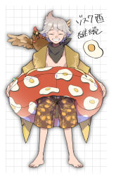  1boy animal_on_shoulder ano_amesuke bandana bandana_around_neck bird bird_on_shoulder black_bandana bracelet chicken closed_eyes commentary_request fried_egg full_body grey_hair highres innertube jacket jewelry male_focus male_swimwear open_clothes open_jacket original solo swim_ring swim_trunks translation_request yellow_jacket 