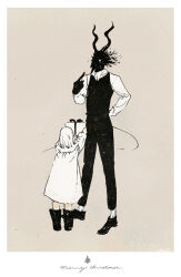  1boy 1girl body_fur boots box brown_background child dress full_body furry furry_male gift gift_box giving greyscale_with_colored_background holding holding_gift horns nagabe sensei_(totsukuni_no_shoujo) shiva_(totsukuni_no_shoujo) short_hair simple_background standing tail totsukuni_no_shoujo vest 