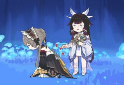  2girls black_dress black_hair braid brown_hair bun_with_braided_base closed_eyes columbina_(genshin_impact) detached_sleeves dress from_side full_body genshin_impact gloves highres holding kneeling long_hair long_sleeves multiple_girls parted_lips purple_hair sandrone_(genshin_impact) standing white_dress white_gloves xinzoruo 