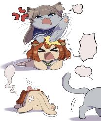  &gt;_&lt; absurdres anger_vein animal animal_focus animal_with_hair animalization anus artist_name blank_speech_bubble blue_capelet blue_eyes blunt_bangs brown_hair capelet cat clothed_animal commentary crossed_bandaids fighting frilled_capelet frills head_bump highres j_humbo kanne_(sousou_no_frieren) lawine_(sousou_no_frieren) long_hair no_humans open_mouth orange_hair short_twintails signature simple_background sousou_no_frieren speech_bubble symbol-only_commentary twintails watermark white_background 