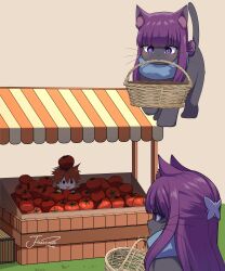  absurdres animal animal_focus animal_with_hair animalization basket brown_background cat clothed_animal commentary fern_(sousou_no_frieren) food grass highres j_humbo long_hair no_humans purple_hair scarf signature simple_background sousou_no_frieren stark_(sousou_no_frieren) symbol-only_commentary tomato violet_eyes 