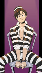  1boy black_hat black_pants black_shirt brown_hair chair collarbone cuffs d-rex english_commentary hair_between_eyes handcuffs hat highres original pants pink_background shirt short_hair sitting smile solo striped_clothes striped_hat striped_pants striped_shirt white_hat white_pants white_shirt 