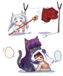  absurdres animal animal_ear_fluff animalization blank_speech_bubble blunt_bangs blush capelet cat clothed_animal commentary fern_(sousou_no_frieren) frieren grey_hair highres j_humbo long_hair magic no_humans open_mouth purple_hair red_hair simple_background sitting smile sousou_no_frieren speech_bubble stark_(sousou_no_frieren) symbol-only_commentary tearing_up towel trembling white_background white_capelet wind 