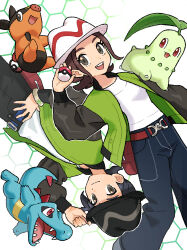  1boy 1girl absurdres belt black_hair black_hat black_pants blue_belt bracelet brown_belt brown_hair chikorita closed_mouth green_jacket hand_up happy harmony_(pokemon) hat highres holding holding_poke_ball jacket jewelry long_sleeves looking_at_viewer minato_(mntnm) open_clothes open_jacket open_mouth pants paxton_(pokemon) poke_ball poke_ball_(basic) pokemon pokemon_(creature) pokemon_legends:_z-a shirt sidelocks smile teeth tepig totodile upper_teeth_only white_hat white_shirt 