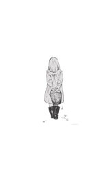  1girl arms_behind_back boots bucket child dress flower from_behind full_body greyscale holding holding_bucket long_hair monochrome nagabe shiva_(totsukuni_no_shoujo) simple_background solo totsukuni_no_shoujo walking white_background 