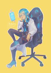  1girl black_dress blue-tinted_eyewear blue_eyes blue_hair blue_nails blue_necktie breasts chair closed_mouth coat crossed_legs dress gaming_chair glasses hair_rings head_rest high_heels highres holding holding_pencil lab_coat lipstick long_hair long_sleeves mable_(pokemon) makeup melia_art necktie on_chair open_clothes open_coat pantyhose pencil pokemon pokemon_legends:_z-a red_lips rotom rotom_phone safety_glasses simple_background sitting swivel_chair tablet_pc tinted_eyewear white_coat yellow_background 