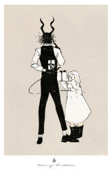  1boy 1girl arm_behind_back body_fur boots box brown_background child dress full_body furry furry_male gift gift_box giving greyscale_with_colored_background holding holding_gift horns nagabe sensei_(totsukuni_no_shoujo) shiva_(totsukuni_no_shoujo) short_hair simple_background standing tail totsukuni_no_shoujo vest 
