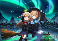  2girls absurdres asymmetrical_legwear aurora black_cardigan black_dress black_hat black_skirt black_socks black_thighhighs blue_bow blue_bowtie blue_eyes bow bowtie broken_heart broken_heart_hair_ornament broom broom_riding brown_hair cardigan closed_mouth commentary dress dress_shirt english_commentary evil_neuro-sama fang feet_out_of_frame forest hair_between_eyes hair_ornament hair_ribbon hand_on_headwear hat heart heart_hair_ornament highres linuslinus920423 mountain multiple_girls nature neuro-sama night night_sky open_mouth outdoors pantyhose pleated_skirt red_bow red_bowtie red_eyes red_ribbon ribbon shirt siblings single_sock single_thighhigh sisters skin_fang skirt sky smile socks thigh-highs twins two_side_up uneven_legwear vedal987 vedal_ai virtual_youtuber white_pantyhose white_shirt witch_hat 