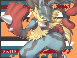  1other animal_ears black_fur blue_fur closed_mouth hitoto looking_at_viewer lucario mega_lucario pokemon pokemon_(creature) red_fur solo yellow_eyes 