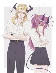  1boy 1girl amo20839453 annoyed arknights ascalon_(arknights) belt belt_buckle black_belt black_horns black_pants black_skirt blonde_hair breast_pocket buckle buttons chinese_commentary closed_mouth collared_shirt commentary_request corrupted_twitter_file cowboy_shot crossed_arms dress_shirt eighth_note grey_eyes hair_between_eyes hair_intakes height height_difference highres horns long_hair looking_at_another manfred_(arknights) musical_note open_mouth pants pink_eyes pink_hair pleated_skirt pocket shirt skirt sleeves_rolled_up smile split_mouth spoken_musical_note squiggle standing teardrop_facial_mark watch watch white_shirt 