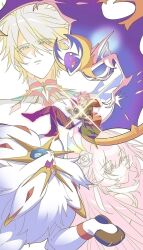  1girl 2boys 2others animal_nose bare_shoulders bat_wings black_boots black_coat black_gloves black_pants blonde_hair blue_sclera boots broken_skin caelus_(honkai:_star_rail) closed_eyes closed_mouth coat collarbone colored_sclera colored_skin crossover cyrene_(honkai:_star_rail) cyrene_(ripples_of_past_reverie)_(honkai:_star_rail) diamond-shaped_pupils diamond_(shape) english_commentary fingerless_gloves floating_clothes flower flying from_side full_body gloves grey_hair hair_between_eyes hair_flower hair_ornament hair_ribbon hands_up honkai:_star_rail honkai_(series) hood hooded_coat lapels long_hair long_hair_between_eyes looking_at_another looking_at_viewer multicolored_hair multiple_boys multiple_others no_mouth official_alternate_costume official_alternate_eye_color official_alternate_hair_color official_alternate_hairstyle one_eye_closed open_clothes open_coat open_mouth pants phainon_(honkai:_star_rail) phainon_(khaslana)_(honkai:_star_rail) pink_eyes pink_hair pocket_watch pointy_ears pokemon pokemon_(creature) purple_skin red_sclera ribbon rose salmonntan shirt short_hair simple_background smile solgaleo streaked_hair symbol-shaped_pupils t-shirt teeth trailblazer_(honkai:_star_rail) two-sided_coat two-sided_fabric upper_body watch white_background white_eyes white_flower white_fur white_hair white_rose white_shirt wings yellow_coat yellow_eyes yellow_ribbon 