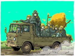  6+others androgynous blonde_hair blue_sky cape green_cape hay hay_bale highres holding holding_staff hood hooded_cape license_plate long_hair motor_vehicle multiple_others original side-view_mirror sky staff truck yabarn 