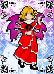  !? 1girl absurdres alice_margatroid black_flower black_rose blonde_hair capelet cosplay dress flower grimoire_of_alice hairband highres multiple_wings purple_wings red_capelet red_dress rose shinki_(touhou) shinki_(touhou)_(cosplay) short_hair touhou touhou_(pc-98) turtleneck wings yellow_eyes yunarukami zun_(style) 