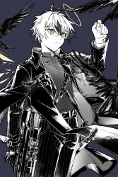  1boy adnachiel_(arknights) adnachiel_(traceless_walker)_(arknights) arknights arm_up black_background chinese_commentary closed_mouth commentary_request cowboy_shot glasses glint gloves hair_between_eyes halo highres holding jewelry long_sleeves male_focus multicolored_hair necklace official_alternate_costume pants partially_colored piaoliu_ping_ping_ping_pingzi rectangular_eyewear short_hair simple_background single_glove solo standing streaked_hair striped_clothes striped_pants traditional_halo vertical-striped_clothes vertical-striped_pants yellow_eyes yellow_halo 