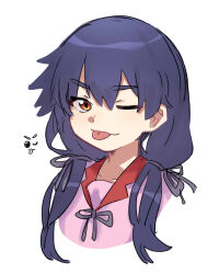  1girl :p bow bowtie brown_eyes commentary cropped_torso eyelashes hair_between_eyes hair_over_shoulder highres kanbaru_suruga long_hair looking_at_viewer monogatari_(series) naoetsu_high_school_uniform neck_ribbon one_eye_closed pink_shirt purple_bow purple_bowtie purple_hair purple_ribbon red_trim ribbon school_uniform shirt simple_background solo symbol-only_commentary thick_eyebrows tongue tongue_out tsugumi_(tgm_615486) twintails white_background 